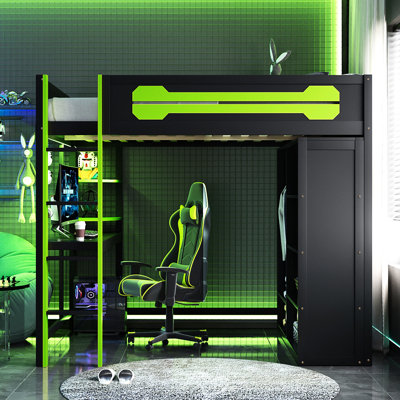 Full Size Loft Bed With Open Wardrobe, Lighting And Secure Sleeping Area Gaming In Desk, Ports Shelving For Organization
