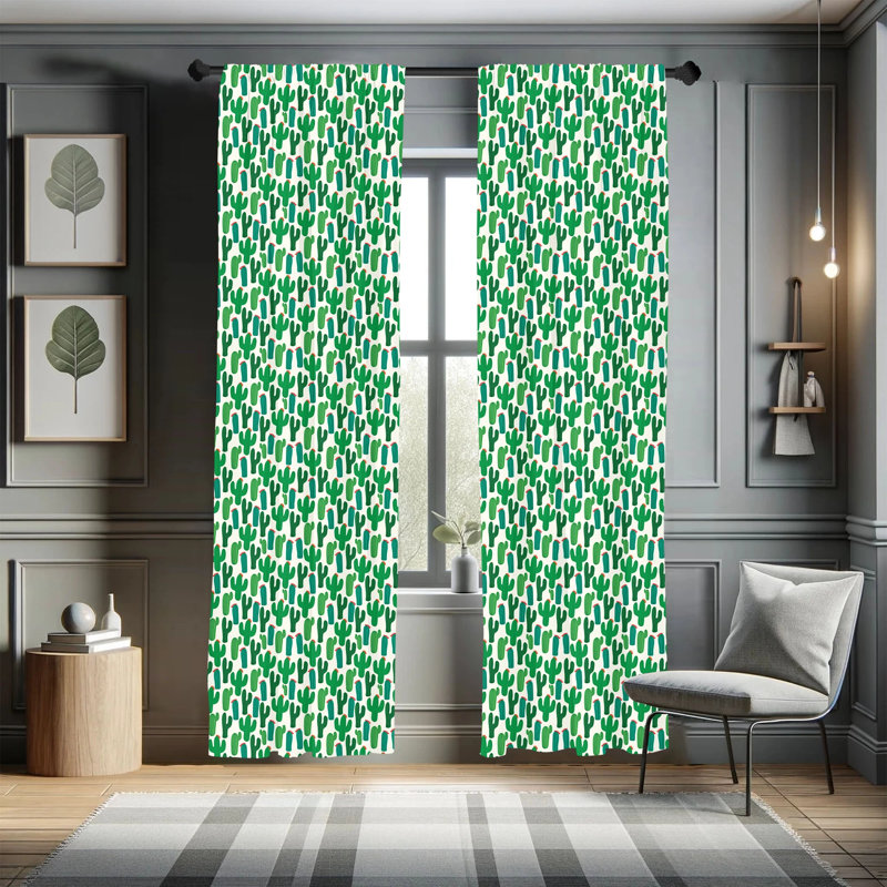 Cactus Motif Green and Red Polyester Rod Pocket Curtain Panels