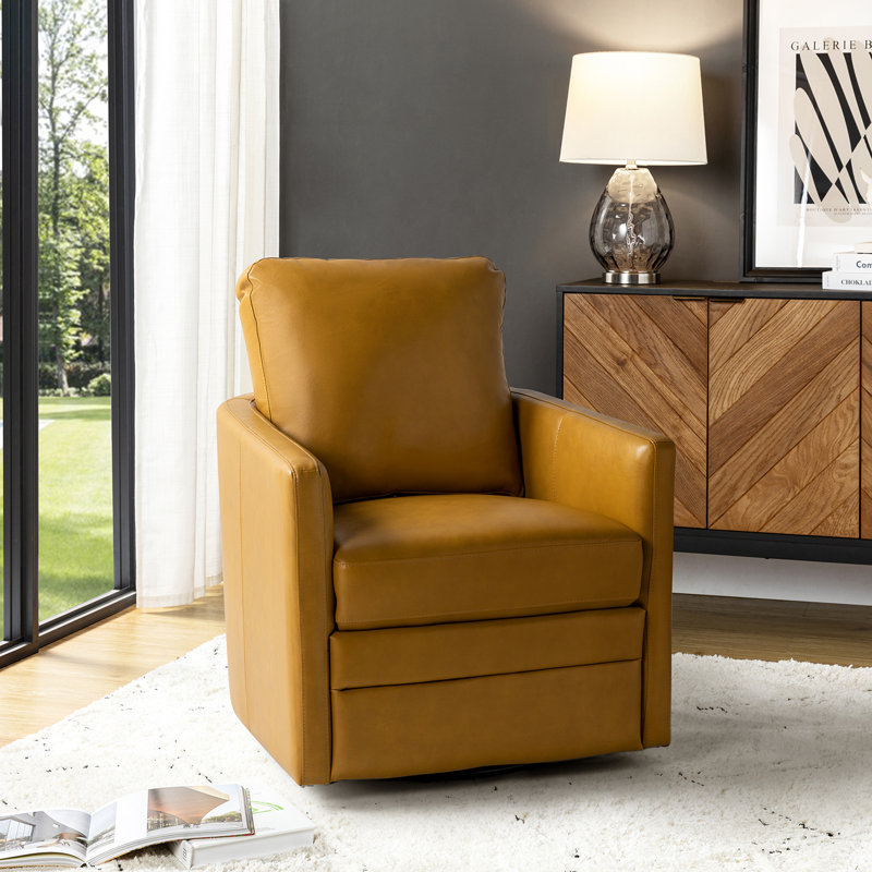 Fauteuil d'appoint pivotant en similicuir Alfonso avec coussin amovible, Cuir végétalien moutarde