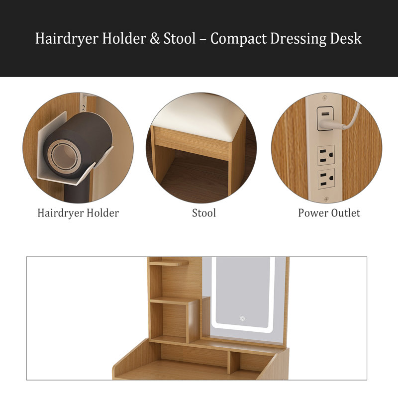 Vanity Table With LED-Illuminated Mirror, Power Outlet, Hairdryer Holder & Stool – Compact Dressing Desk For Small Bedrooms