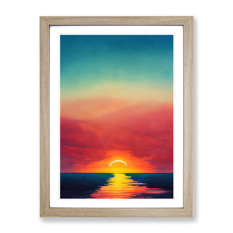 XV1022-5158X Watercolour Ocean Sunset No.2 - Single Picture Frame Painting, 34cm H x 25cm W x 2cm D, Oak