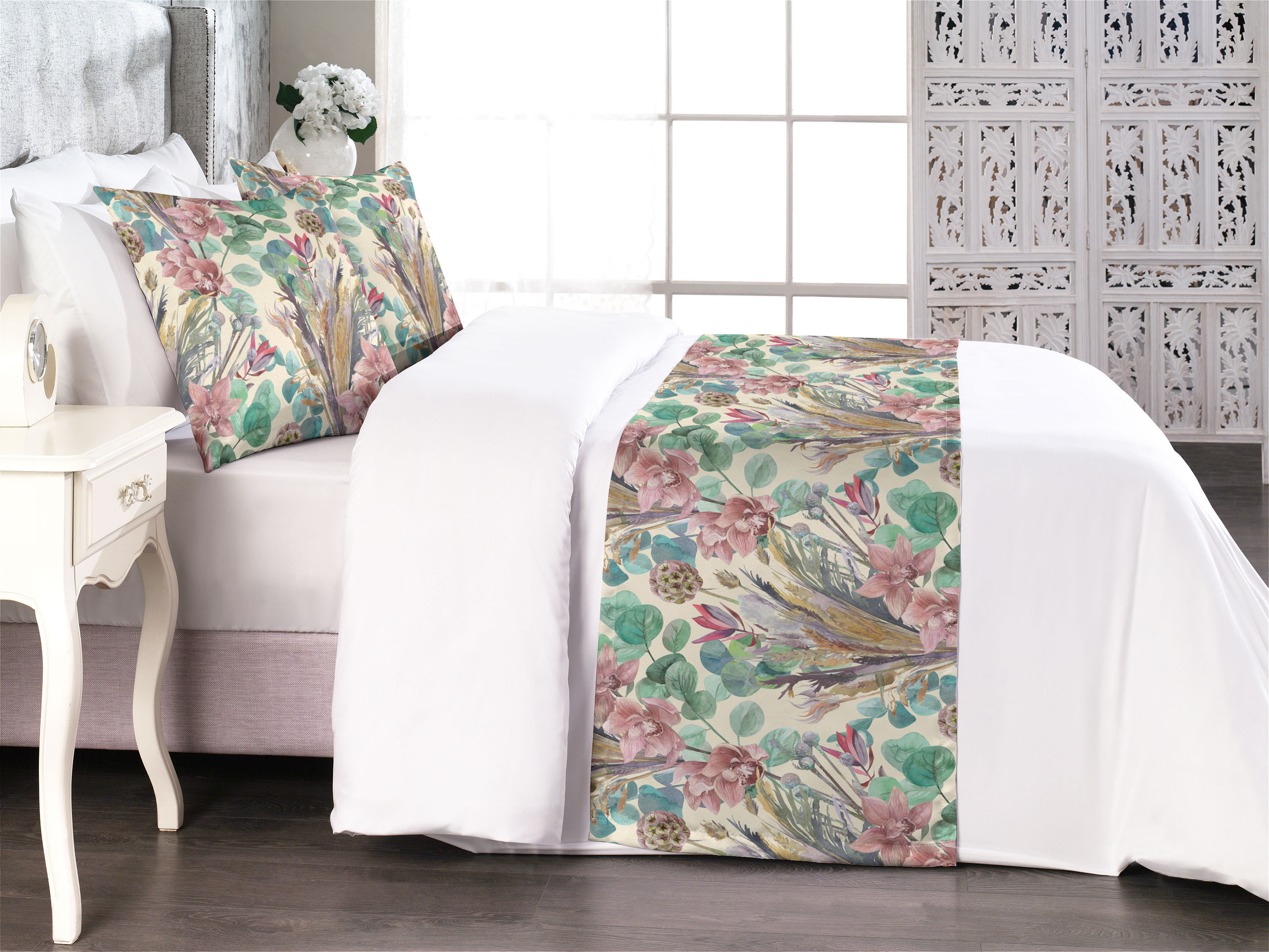Ambesonne Orchid Artwork Bed Runner Set Asian Leaves Pattern Almond ...