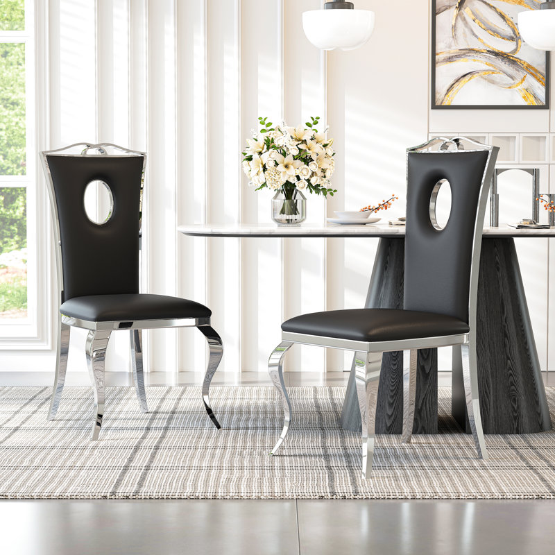 Montzerrat Upholstered Leather Dining Chair With Circular Hole Backrest And Carved Stainless Steel Legs, Armless Side Chair For Dining Room, Living Room, Or Bedroom 