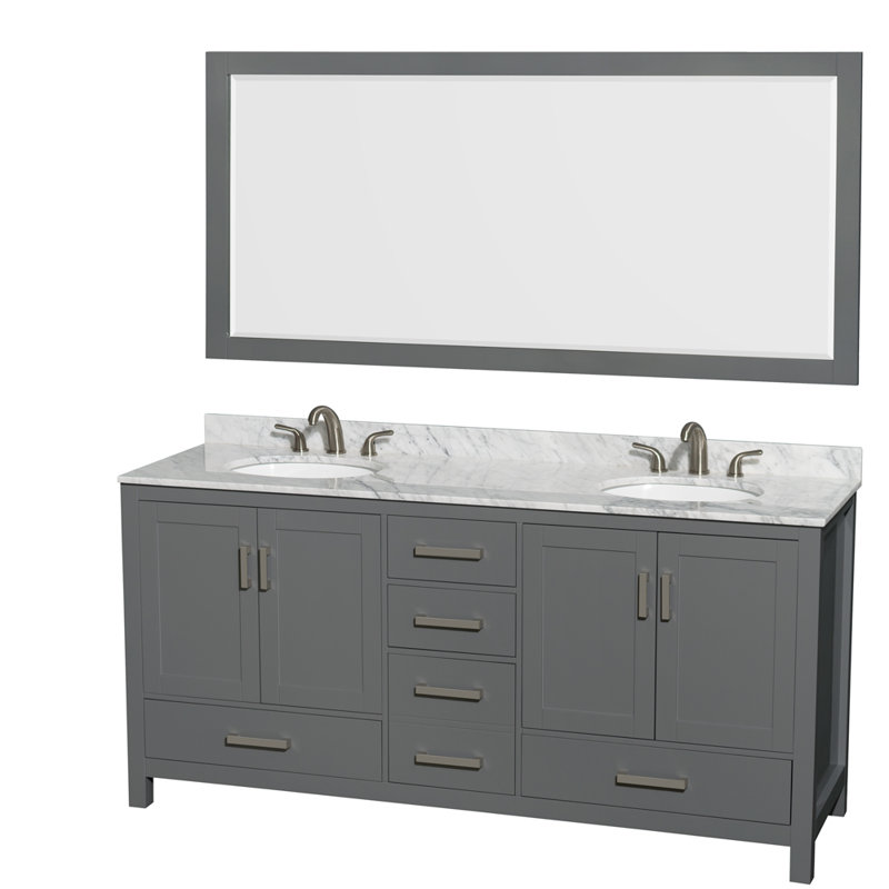 Sheffield 72" Freestanding Double Bathroom Vanity with Marble Top with 70" Mirror, White Carrara, Dark Gray