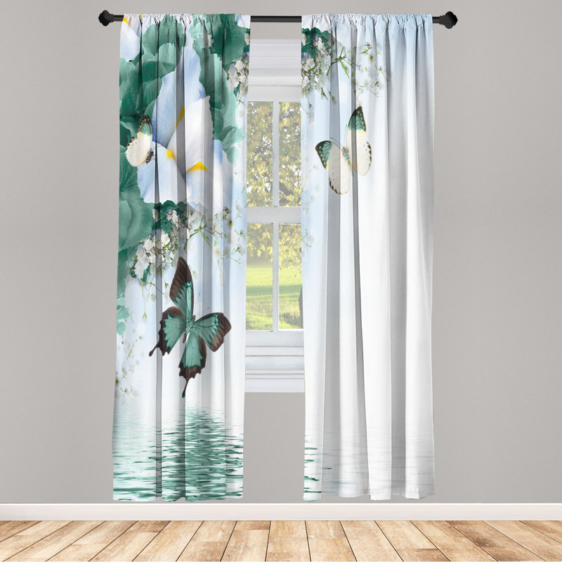 Microfiber Floral Semi-Sheer Rod Pocket Curtain Panels, 28" W x 63" L, Dark Green/Light Blue