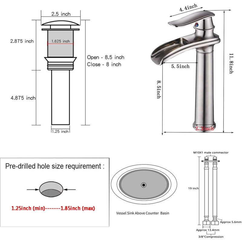 Robinet de salle de bain à un trou avec drain Waterfall, Nickel brossé