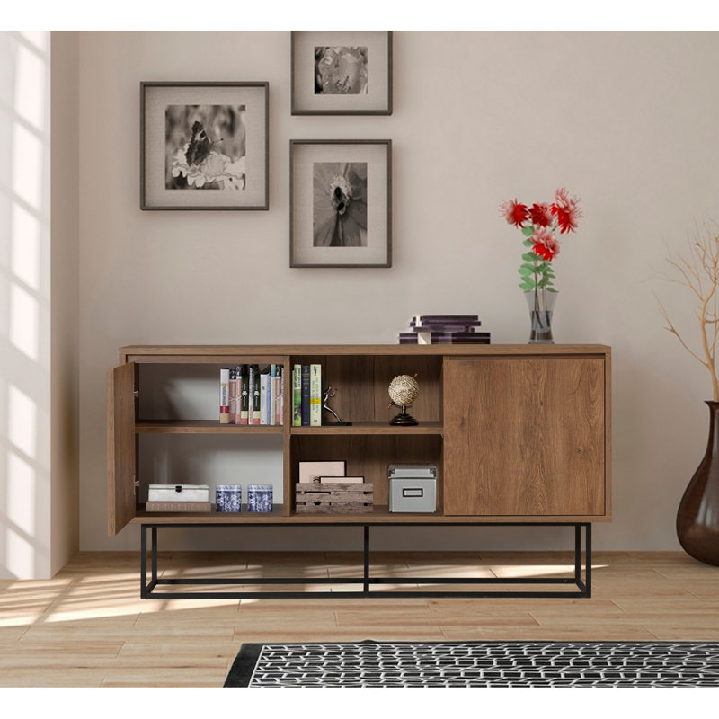 Modern Console Table with Metal Legs, Walnut & Black Finish, 55.1 x 28.3 x 14.2 inches | 100% Melamine Coated Particle Board, 0.7 inches Thick | Wall-Mountable Design, Multiple Shelves for Additional Storage