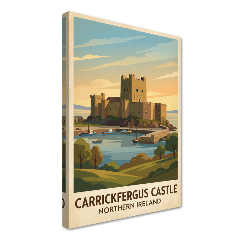 Carrickfergus Castle, Northern Ireland - Romantic Coastal Castle Travel Poster. Giclee Print On Wrapped Canvas. Wall Art, Home Decor - Castles & Palaces, Northern Ireland - Wrapped Canvas Print