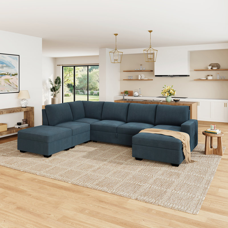Brunella 111.4'' W Corduroy Modular Sleeper Sectional with Storage , Blue Corduroy