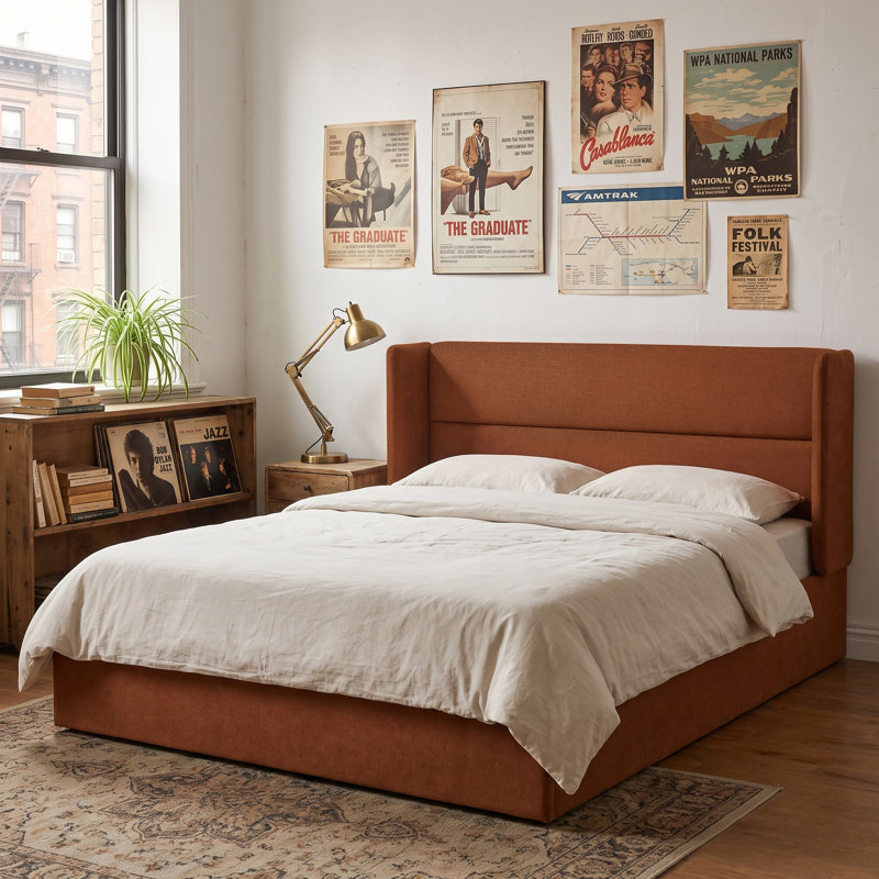 Lit plateforme tapissier avec rangement Gaillarde, Double, Caramel