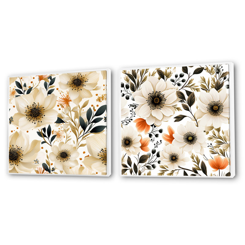 Elissa - Ensemble de 2 collages carrés botaniques abstraits, Cadre flottant blanc, H 30 po x l 61 po