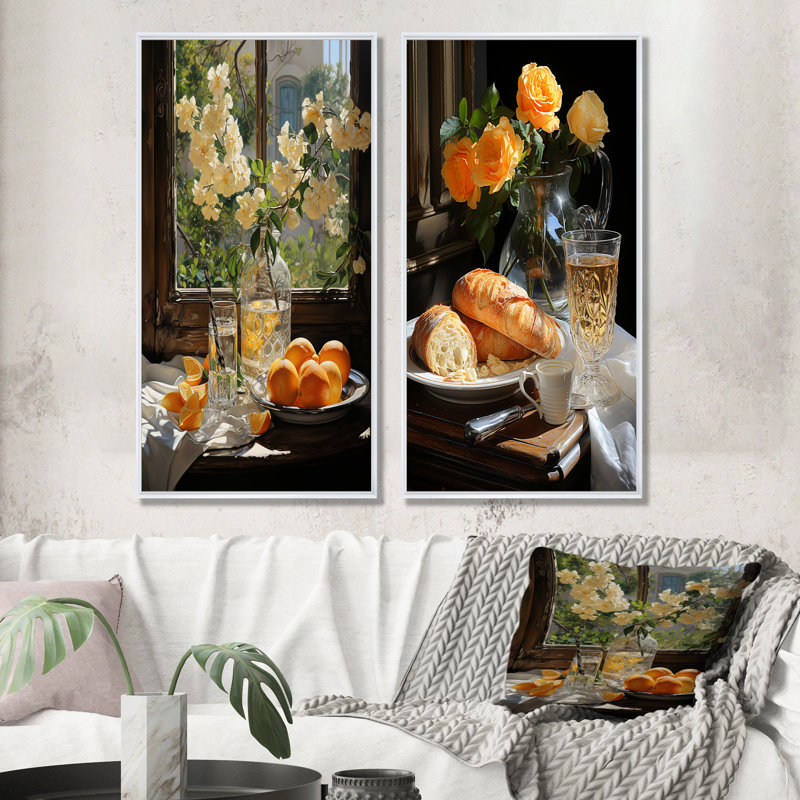 Sunrise Elegance - ensemble d'art mural sur toile Petit déjeuner, ensemble de 2, Cadre flottant blanc, H 32 po x l 33 po