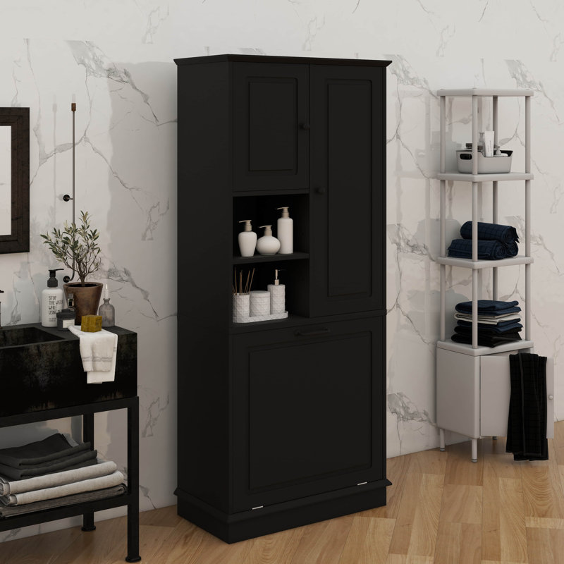 Tall Storage Cabinet Featuring Adjustable Shelves And Flip Out Basket  With Handles Large Capacity Organizer For Bathroom Kitchen Living Room And Office