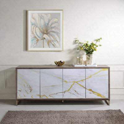 Console Cabinet, Sunburst Pattern for Entryway - White Marble/Champagne
