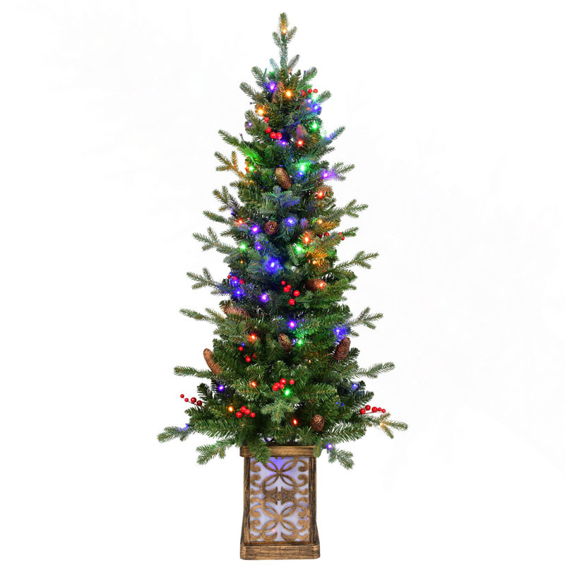Arbre de Noël vert 4 pi avec base scintillante - 100 lumières DEL multicolores, 396 pointes, baies rouges et pommes de pin, branches pleines en PE / PVC, pot lumineux festif