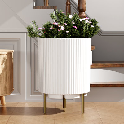 Mercer41 Round Planter With Stand, 14.76 Inch Plastic Flower Pot Modern Plant Pots With 3 Holder, Garden Planter For Living Room Office Garden Balcony