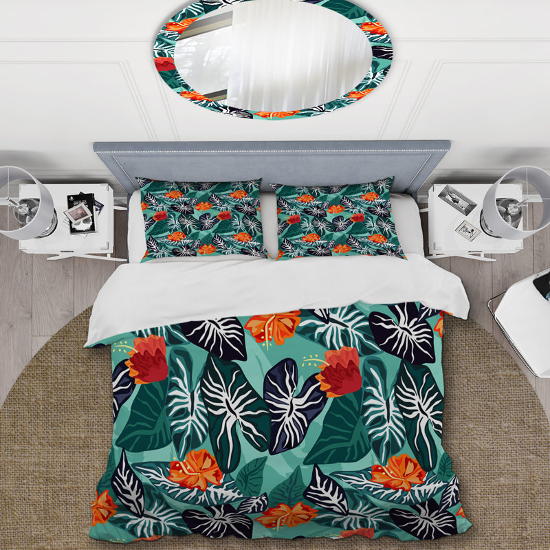 Feuilles tropicales vertes - Ensemble de housse de couette floral - Polyester en microfibre