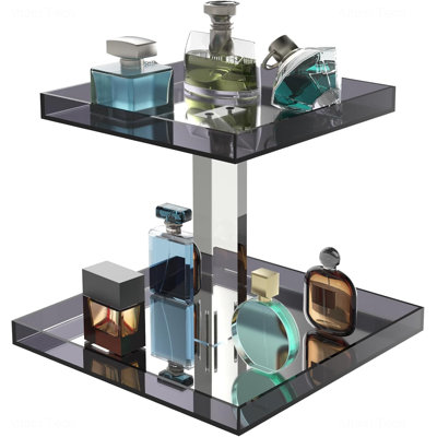 Présentoir à parfum à 2 niveaux en acrylique, avec plateau miroir gris et compartiments pour maquillage. Fabriqué à la main.