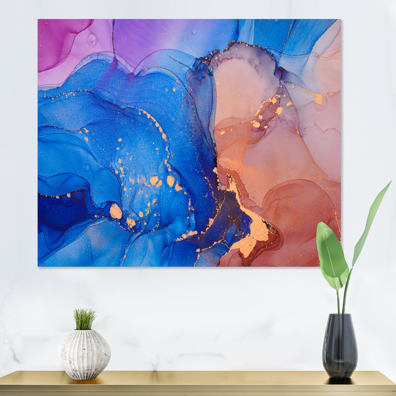 Art liquide bleu et orange I - reproduction sur toile, H 34 po x l 44 po x P 1,5 po, Toile tendue