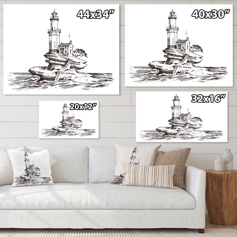Phare et mer monochromes - Impression sur toile, H 24 po x l 32 po, Toile tendue