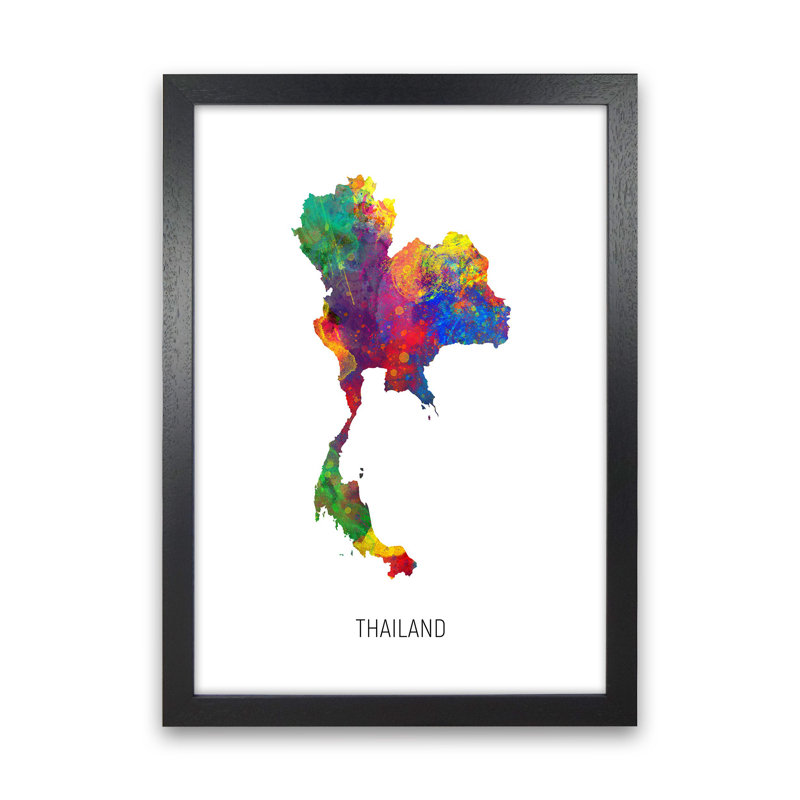 Thailand Watercolour Map by Michael Tompsett - Print, 46cm H x 34cm W x 3cm D, Black Framed