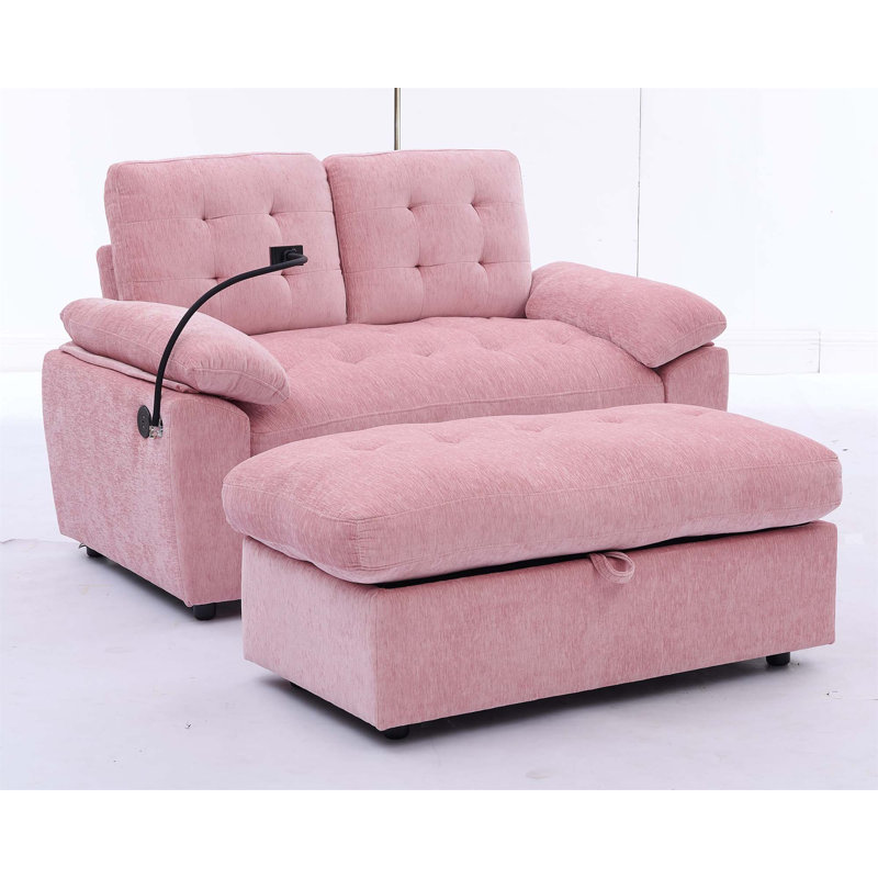 Canapé inclinable double Leisure avec dossier réglable, port de charge USB, support pour téléphone et repose-pieds de rangement assorti - rose