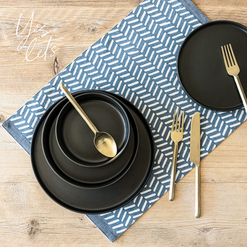 Blue Herringbone Cotton Hand-Blocked Placemats Set of 4