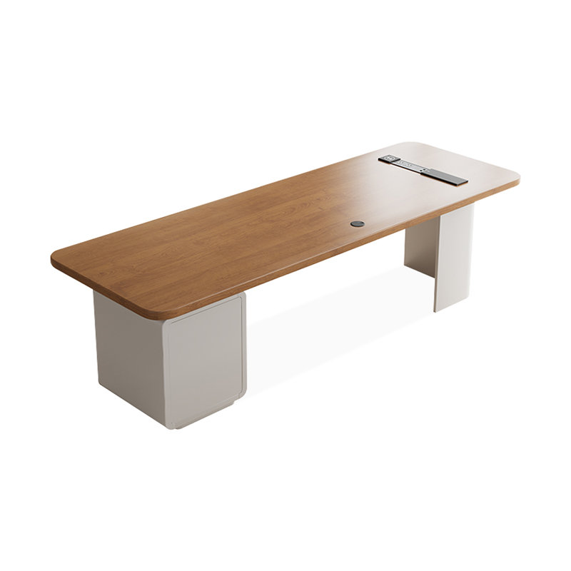 Bureau rectangulaire brun et blanc en bois massif avec 3 tiroirs, H 29,53 po x l 94,49 po x P 31,5 po