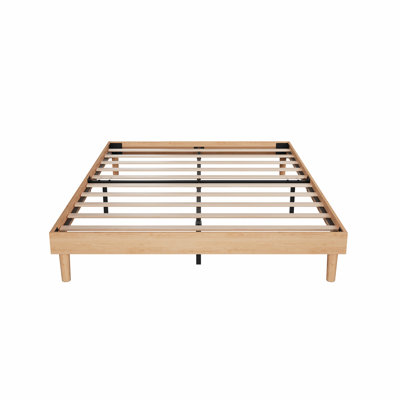 Structure de lit plateforme en bois pleine grandeur avec support de matelas à lattes de bois, poutres de soutien renforcées, aucun sommier requis pour la chambre à coucher, naturel