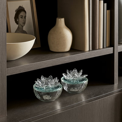 Freese Decorative Round Glass Box with Lotus Top for Home Decor - Modern Keepsake Storage Box for Office Organizer or Living Room Decor - Set of 2, 4"