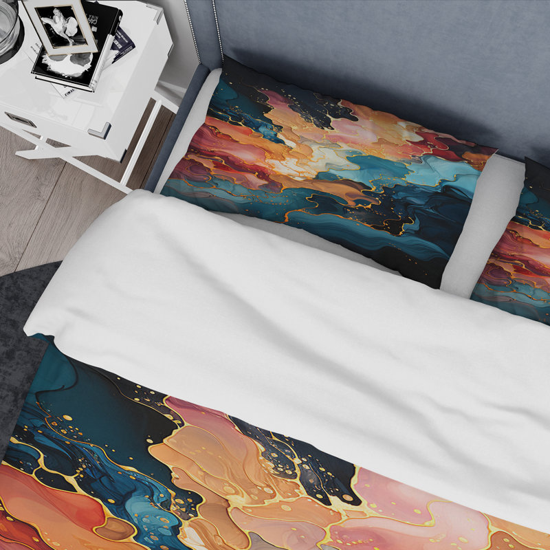Ensemble de housse de couette peinture abstraite rose et bleue, Housse de couette simple + 1 taie décorative stan