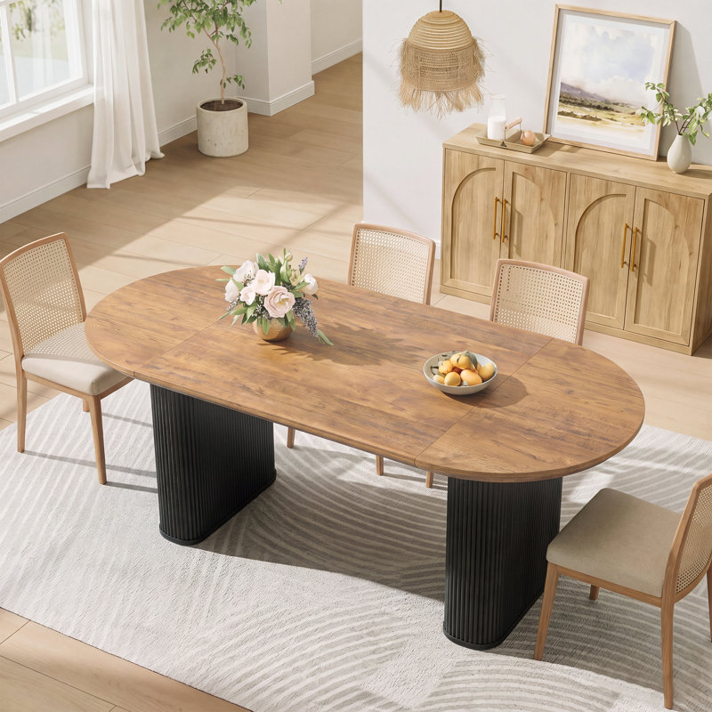63" Fluted Oval Dining Table Double Pedestal Kitchen Table For 4-6 , Brown/Black