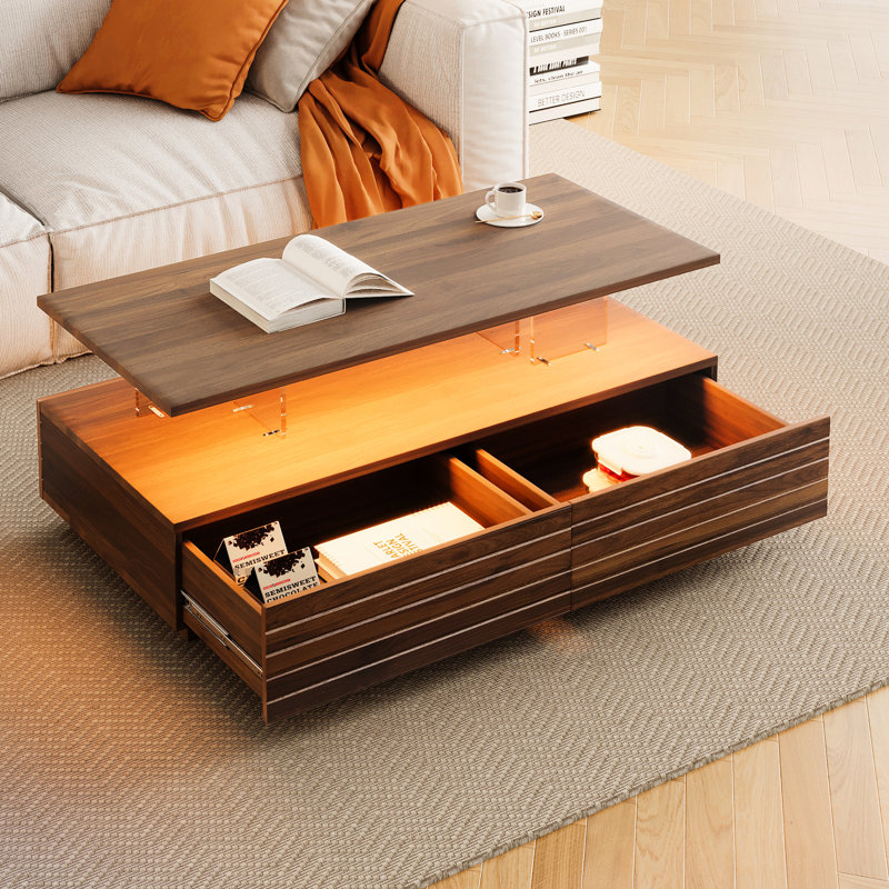 Table basse moderne en noyer avec lumières à DEL à intensité variable et 2 tiroirs de rangement pratiques et spacieux de 47,2 po