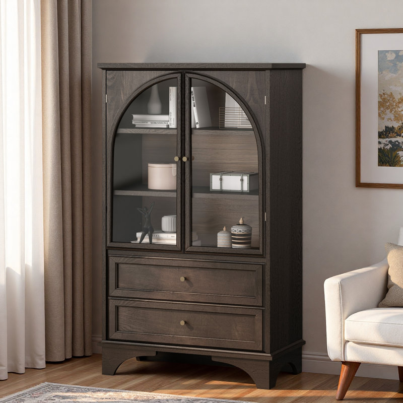 Armoire de rangement vitrée avec 2 tiroirs et tablettes réglables, Brun