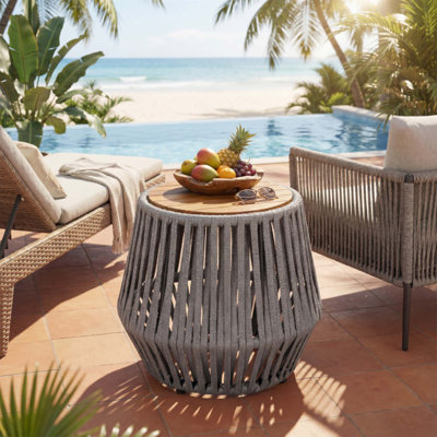 Élégante table d'appoint d'extérieur avec corde et bois d'acacia, résistante aux intempéries, capacité de 100 lb, parfaite pour les patios et les balcons