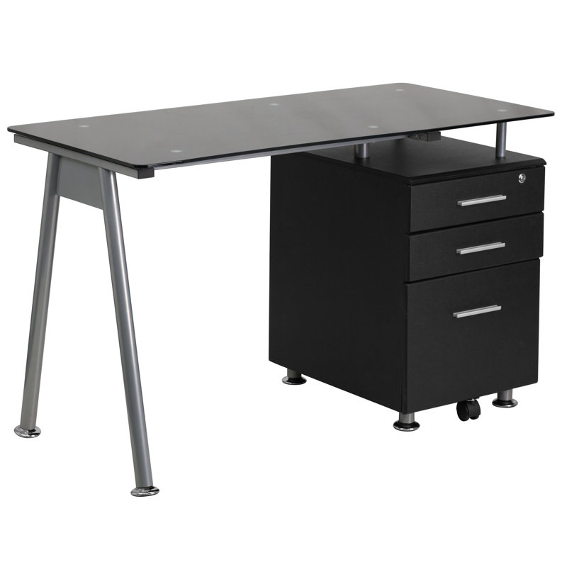 Bureau d'ordinateur avec plateau en verre trempé et piédestal à trois tiroirs Jauss