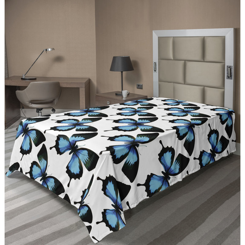 Ambesonne Spring Flat Sheet Bluish Coloured Butterflies Hunter Green Pale Blue, Twin Flat Sheet