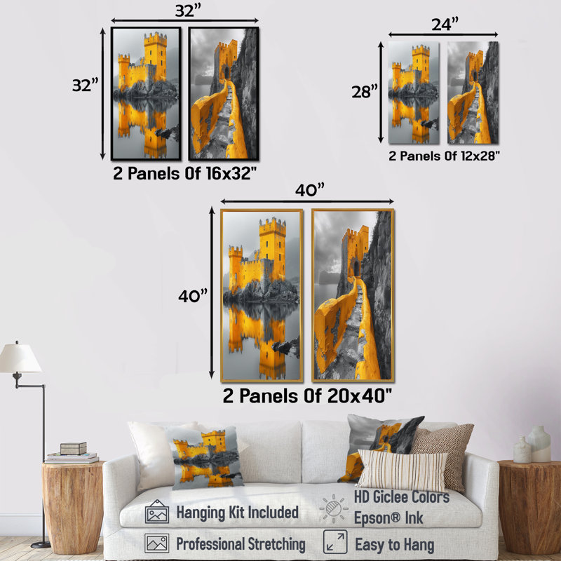 Ensemble de 2 pièces d'art mural monochromes jaune gris d'hiver, H 28 po x l 24 po, Cadre flottant brun