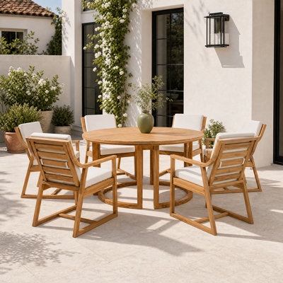 Durable Outdoor Patio Set For 6 - Spacious Round Table With Padded Chairs&Umbrella Hole For Outdoor Entertaining