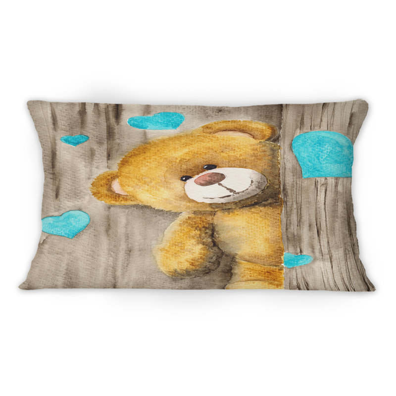 Joli ours en peluche brun avec cœurs bleus - Coussin 1