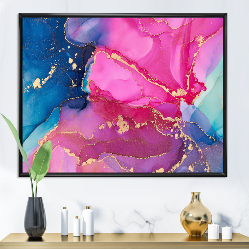 Mauve et rose - Abstrait fluide de luxe - peinture sur toile, H 16 po x l 32 po x P 1 po, Cadre flottant noir