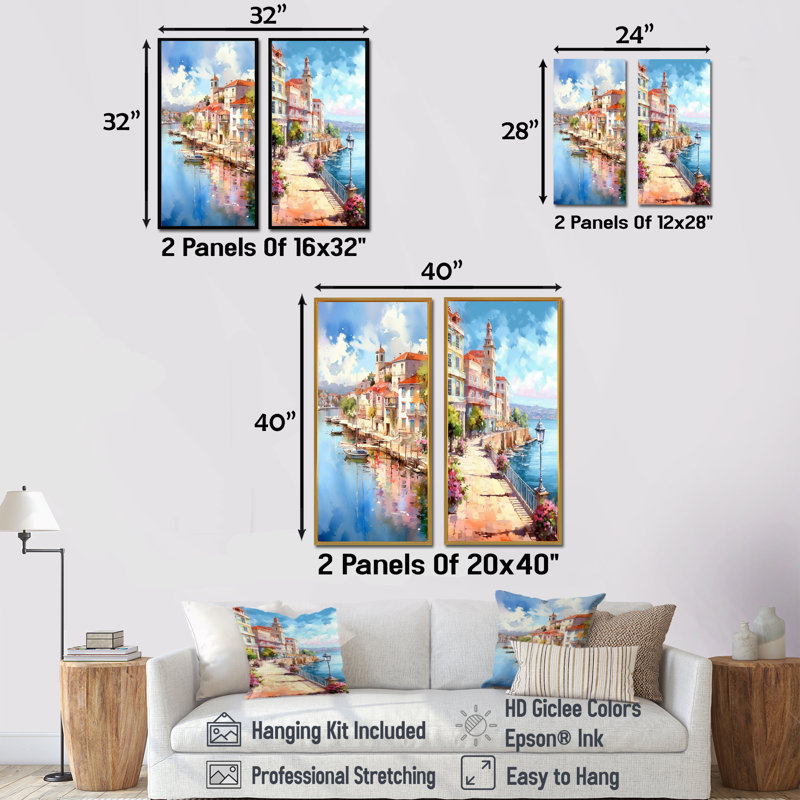 Sunny Port In Italy - ensemble de 2 décorations murales en Italie, Cadre flottant noir, H 40 po x l 41 po