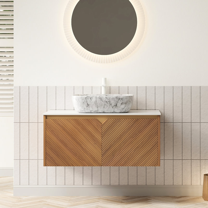 Meuble-lavabo rond en verre transparent de 36 po, rangement flottant en contreplaqué avec portes doubles en sergé, garniture en métal, comptoir en pierre frittée et mécanisme à fermeture en douceur avec lavabo vasque, comptoir,
