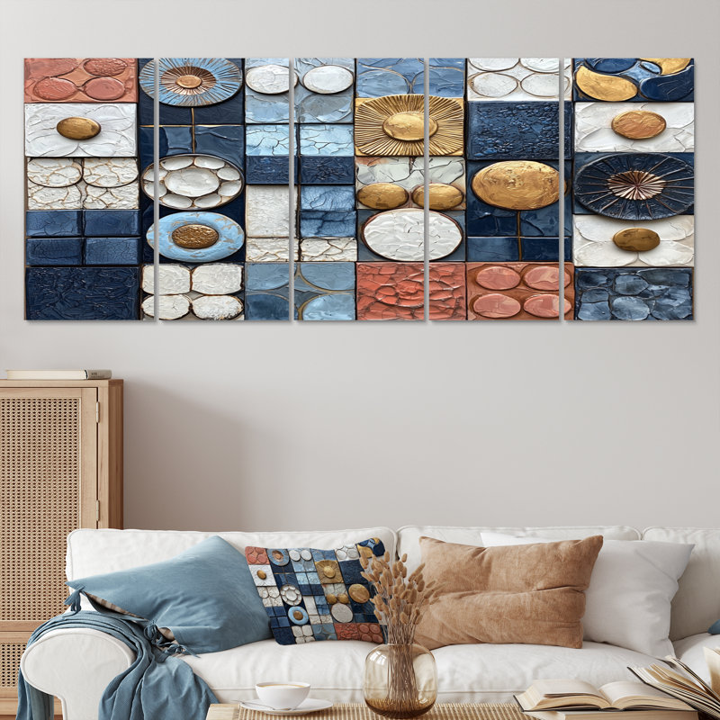 «Abstract Blue and White Rhythms Tiles III», ensemble d'art mural abstrait, H 28 po x l 60 po