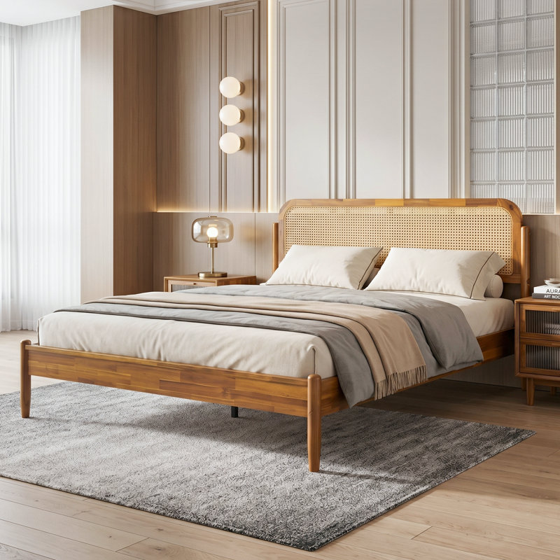 Base de lit grand format Jamison avec tête et pied de lit, lit plateforme en bois massif, 12 lattes de soutien durables avec pieds en métal, antidérapant et silencieux, finition miel d'acacia