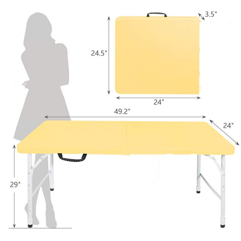 Table pliante portative jaune pâle 4 pi 4 po maximum pliable pour l'intérieur et l'extérieur 135 kg, Jaune clair