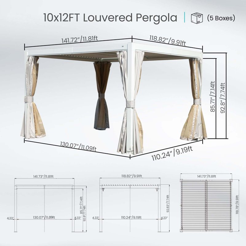Pergola d'extérieur à persiennes avec persiennes réglables, H 92,8 po x l 141,72 po x P 118,82 po, Blanc