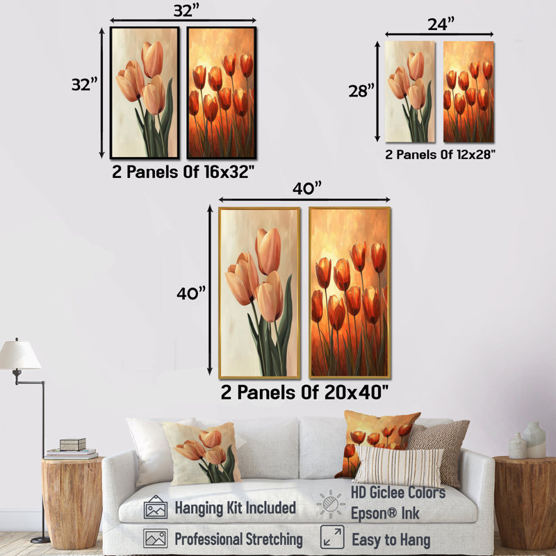 Tulipes brunes automne lueur I - Art mural floral 2 pièces, H 32 po x l 33 po, Cadre crème crème