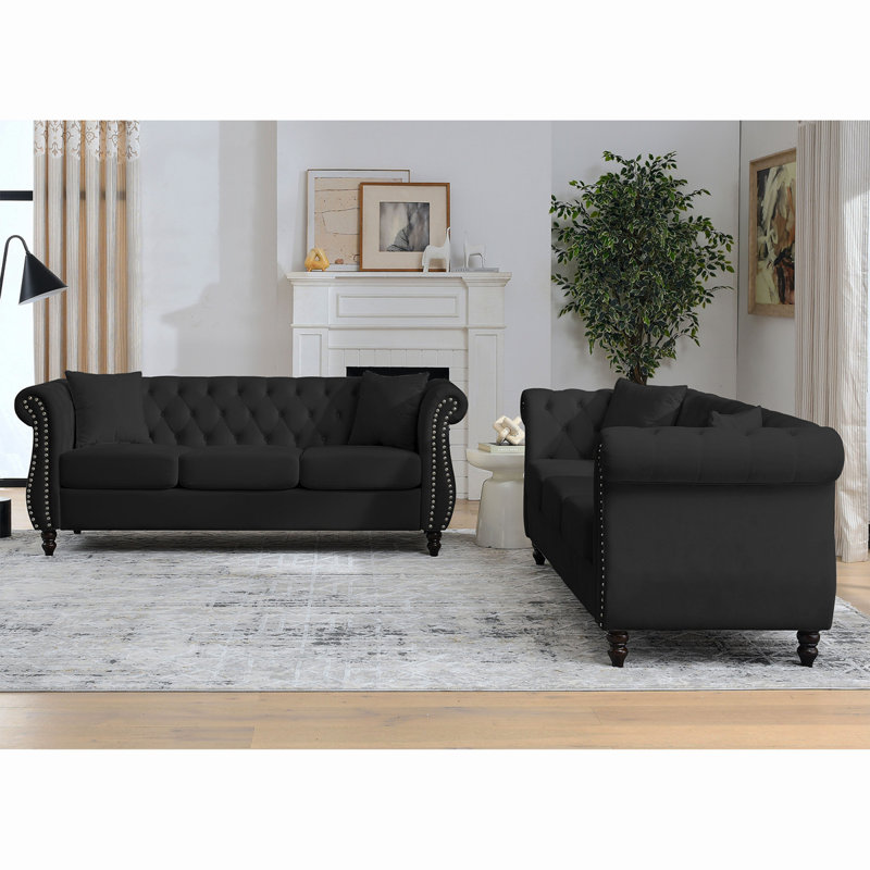 [Vidéo] Canapé Chesterfield 80 po en velours noir pour le salon, canapé 3 places capitonné avec accoudoirs roulés et tête de clou pour le salon, la chambre à coucher, le bureau, un appartement, 3S avec 3S