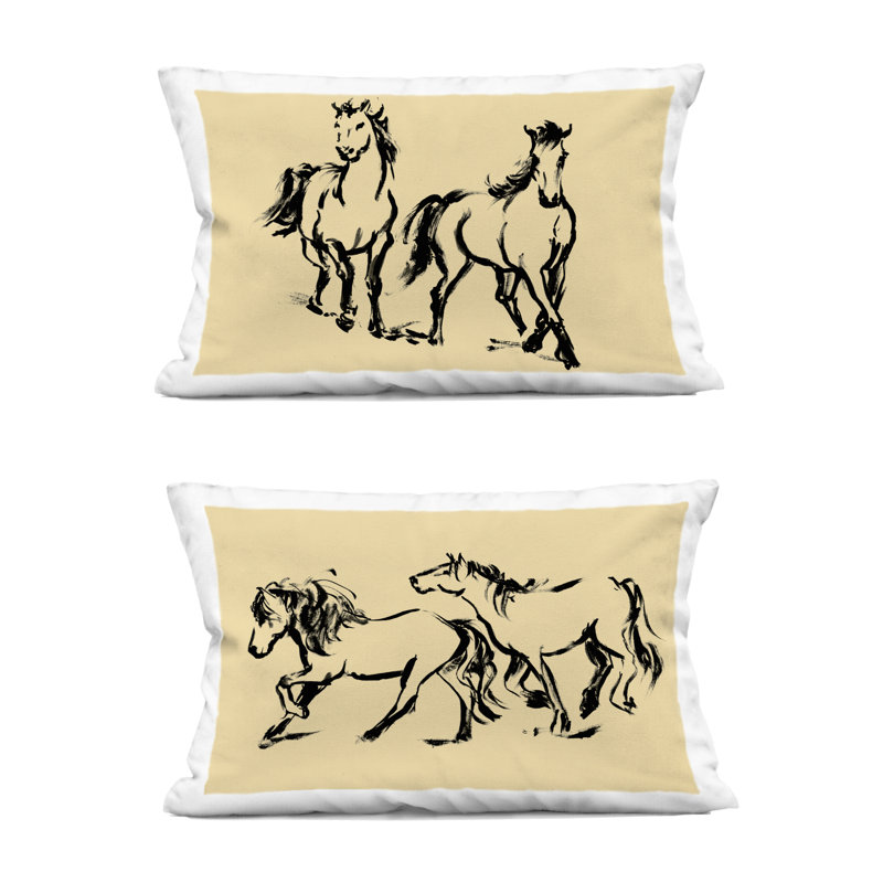 Ensemble de coussins décoratifs imprimés 2 pièces Gestured Horses in Motion par Victoria Barnes, Beige